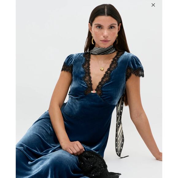 Rixo Velvet Clarice Midi Dress Steel Blue Size 4 - Picture 2 of 6